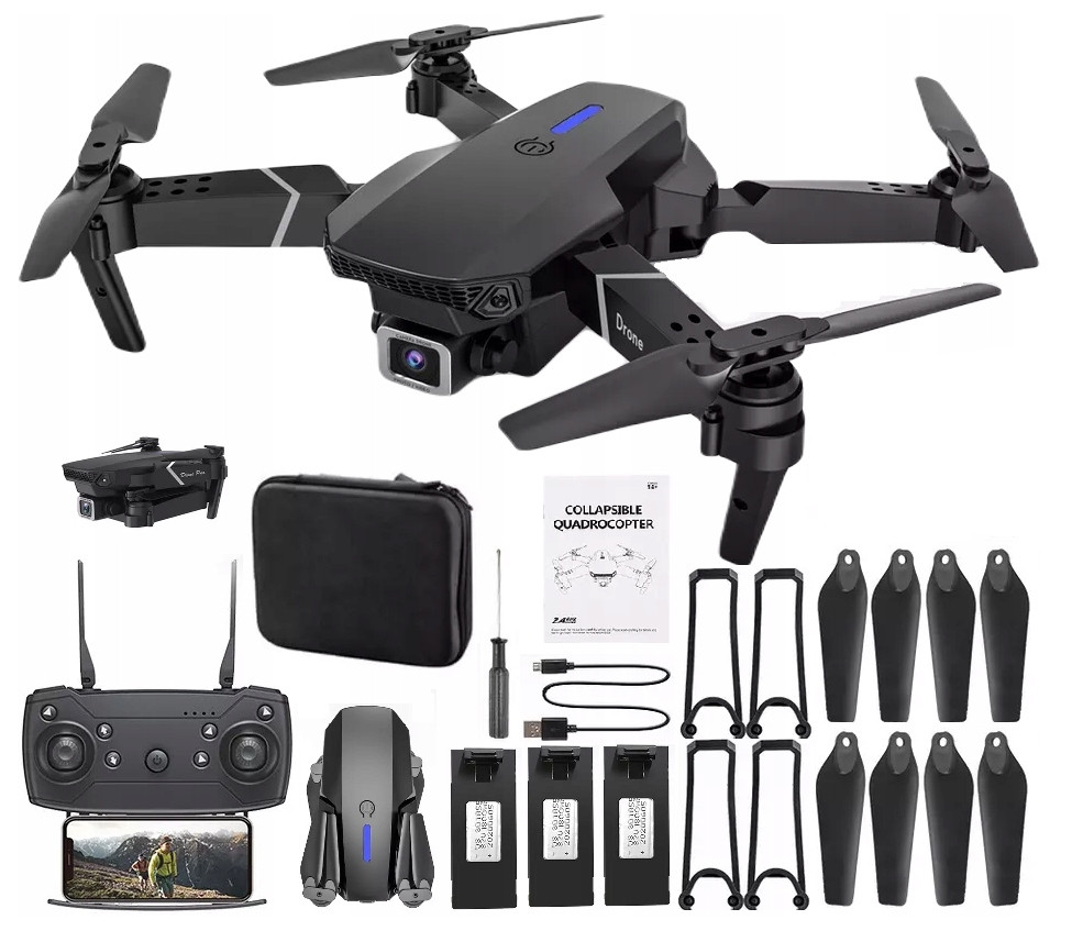 Mini Dron E 88 Pro Hračka Pro Děti Wifi Kamery Závěs 250M 3 Baterie