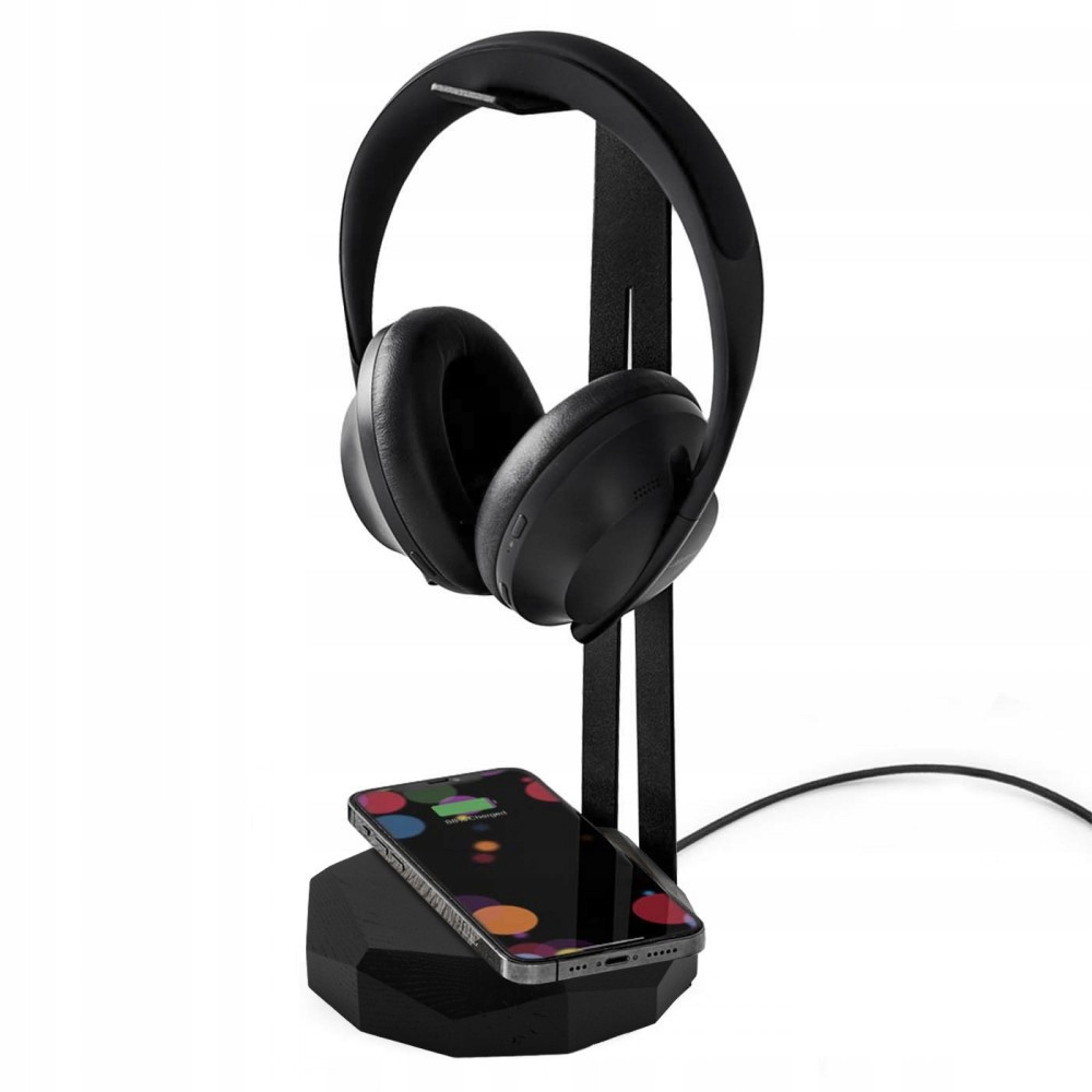 Stojan na sluchátka s nabíječkou Qi 15W Black Černý dub
