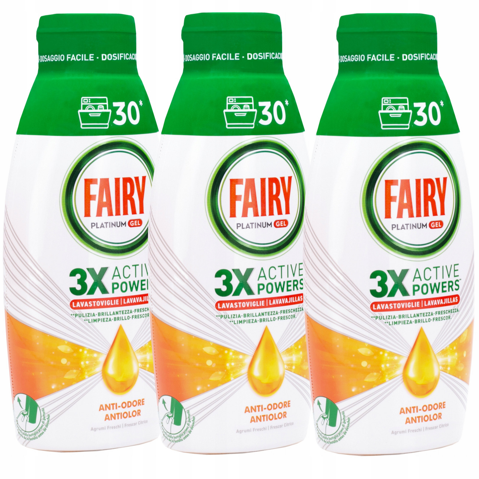 Gel do myčky Fairy Platinum Gel Anti-Odore Agrumi 3x 600ml 90 mytí