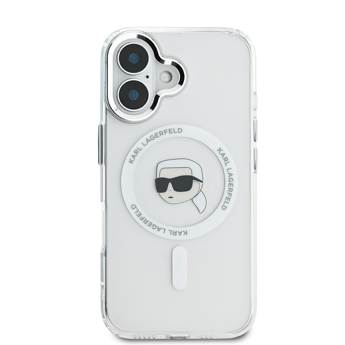 Zadní kryt Karl Lagerfeld IML Karl Head Metal Frame MagSafe pro Apple iPhone 16, transparentní