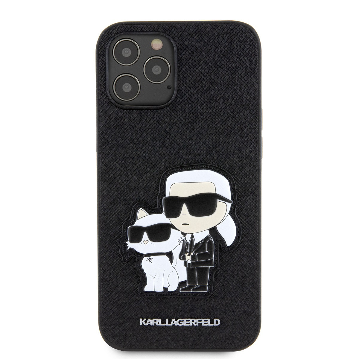 Zadní kryt Karl Lagerfeld PU Saffiano Karl and Choupette pro Apple iPhone 12/12 Pro, černá