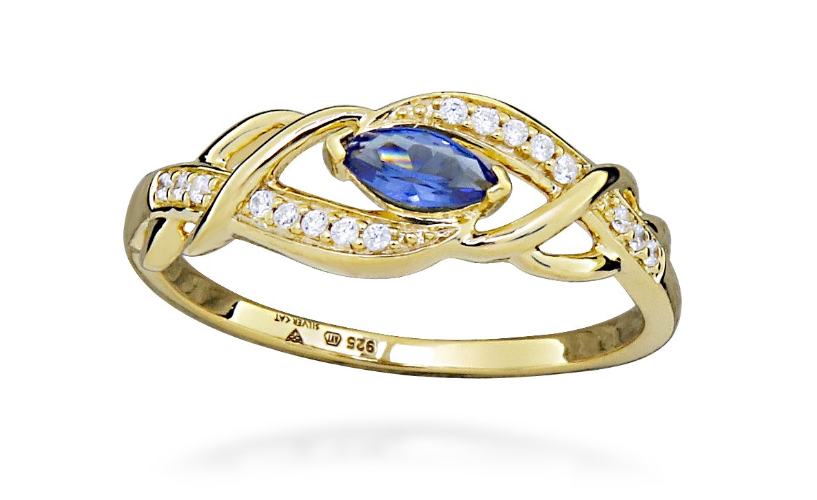 Silver Cat Pozlacený prsten se zirkony a syntetickým safírem SC573 52 mm