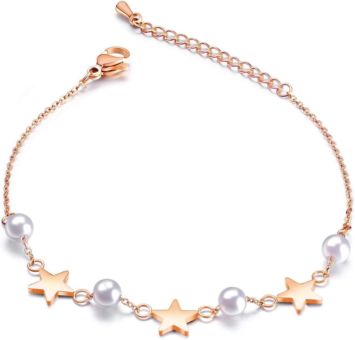 Troli Růžově pozlacený náramek na nohu s perlami a hvězdami