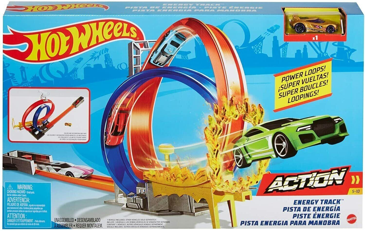 Mattel Hot Wheels GND92 Energy Trackset s dvojitou smyčkou a 1 vozidlem Hot Wheels autodráha