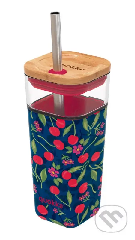 Sklenený cestovný hrnček so slamkou Liquid Cube Cherries 540 ml - Quokka