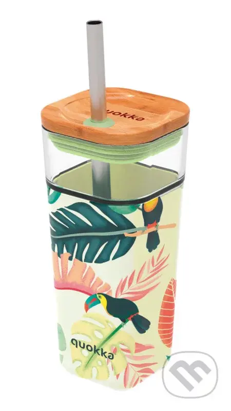 Sklenený cestovný hrnček so slamkou Liquid Cube Tropical Toucans 540 ml - Quokka
