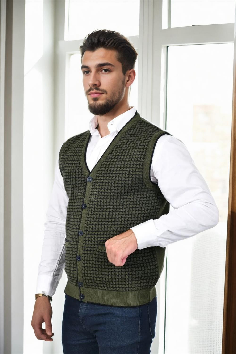 37376 Dewberry Houndstooth Patterned Mens Knit Vest-Khaki