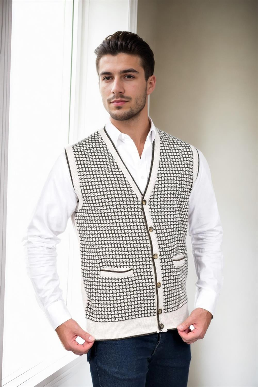 37376 Dewberry Houndstooth Patterned Mens Knit Vest-STONE