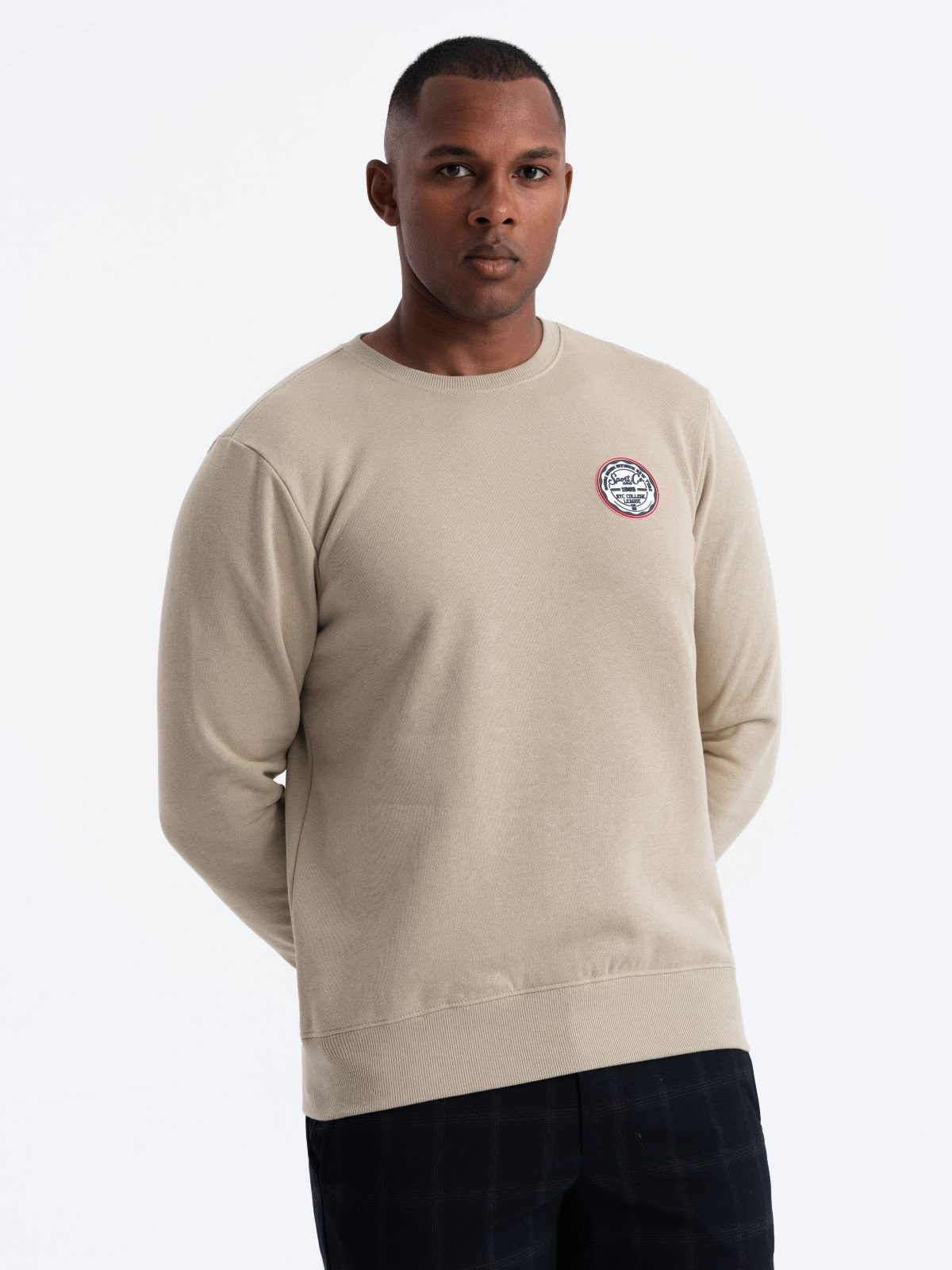 Ombre Men's non-stretch sweatshirt with college style patch - sand