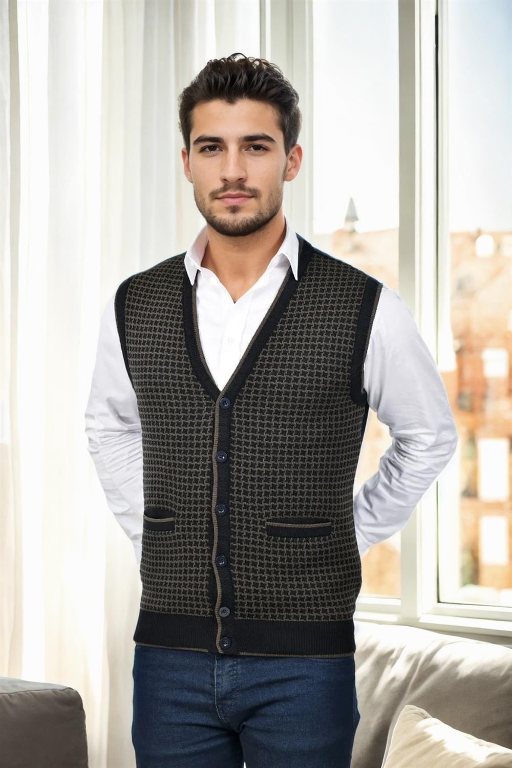 37376 Dewberry Houndstooth Patterned Mens Knit Vest-BLACK