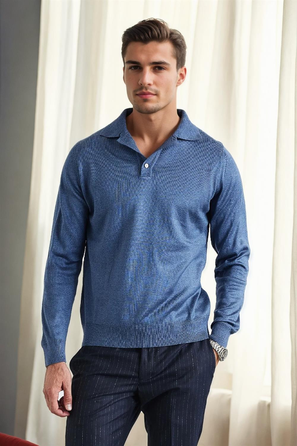 28296 Dewberry Polo Neck Mens Knit Sweater-INDIGO