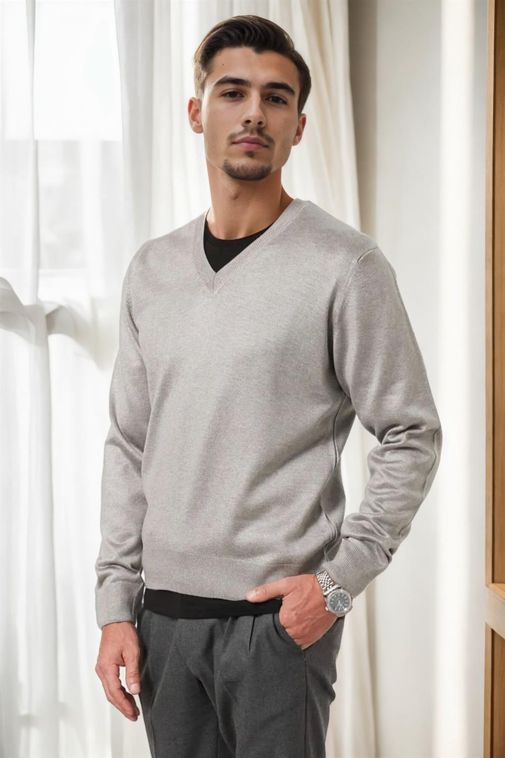 38804 Dewberry Mens V Neck Knit Sweater-LIGHT GREY