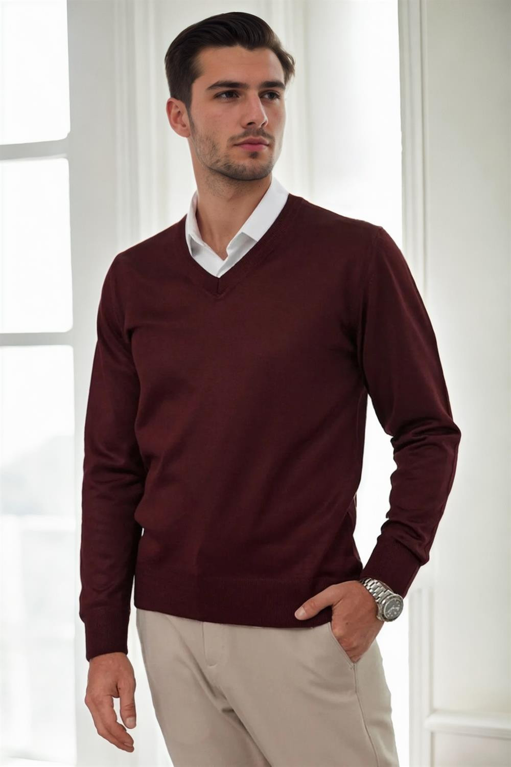 38804 Dewberry Mens V Neck Knit Sweater-BORDEAUX