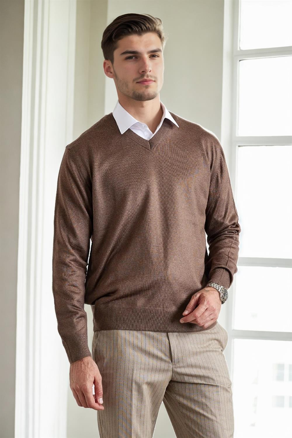 38804 Dewberry Mens V Neck Knit Sweater-COFFEE