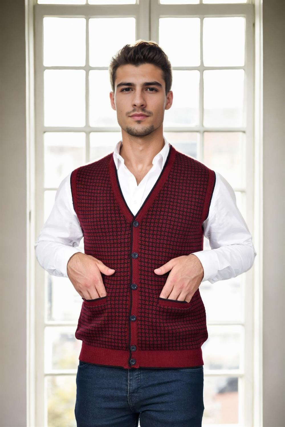 37376 Dewberry Houndstooth Patterned Mens Knit Vest-BORDEAUX