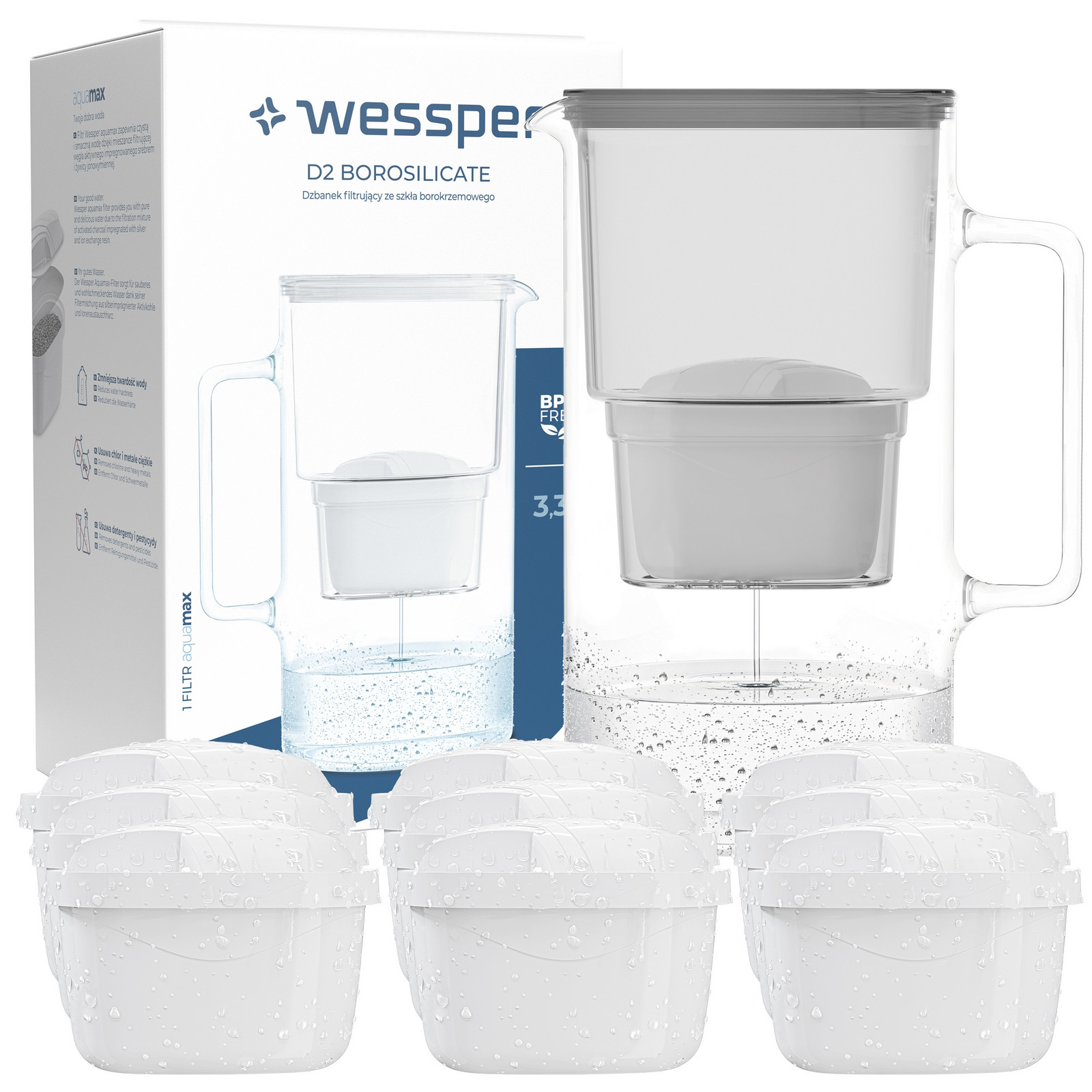 Skleněná Konvice Wessper D2 Borosilicate 3l 9x Filtrační Vložka Vody Aquafloow