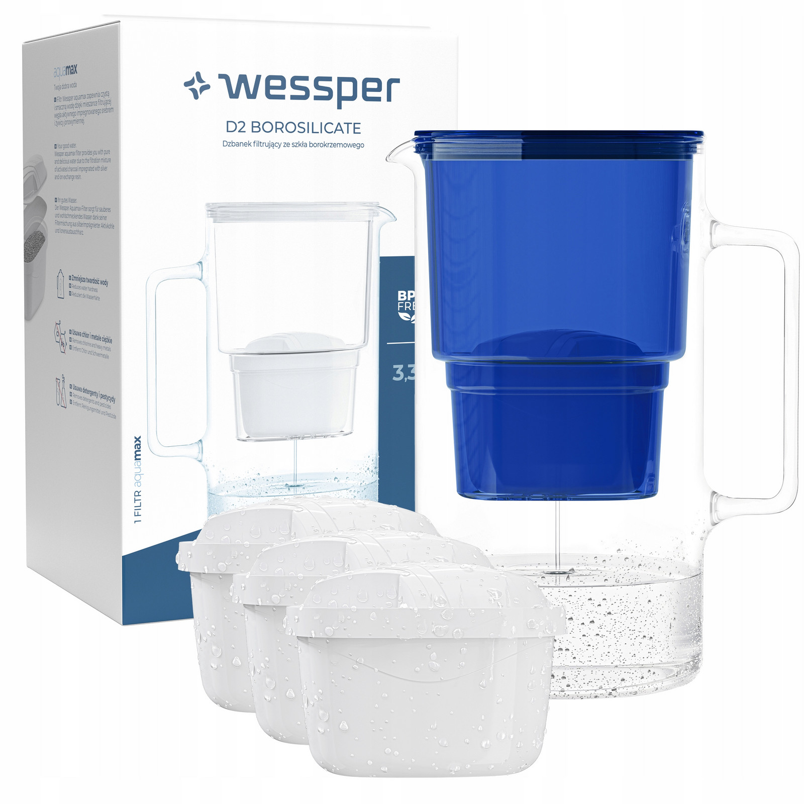 Skleněná Konvice Wessper D2 Borosilicate 3l 3x Filtrační Vložka Vody Aquafloow