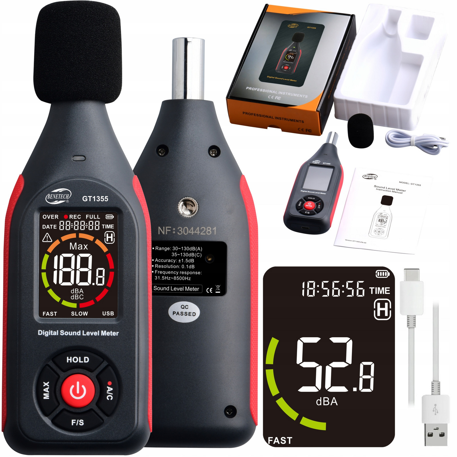 Sonometr Decibelmetr Měřič Intenzity Zvuku Hlasitosti 30-130dB LCD Pc