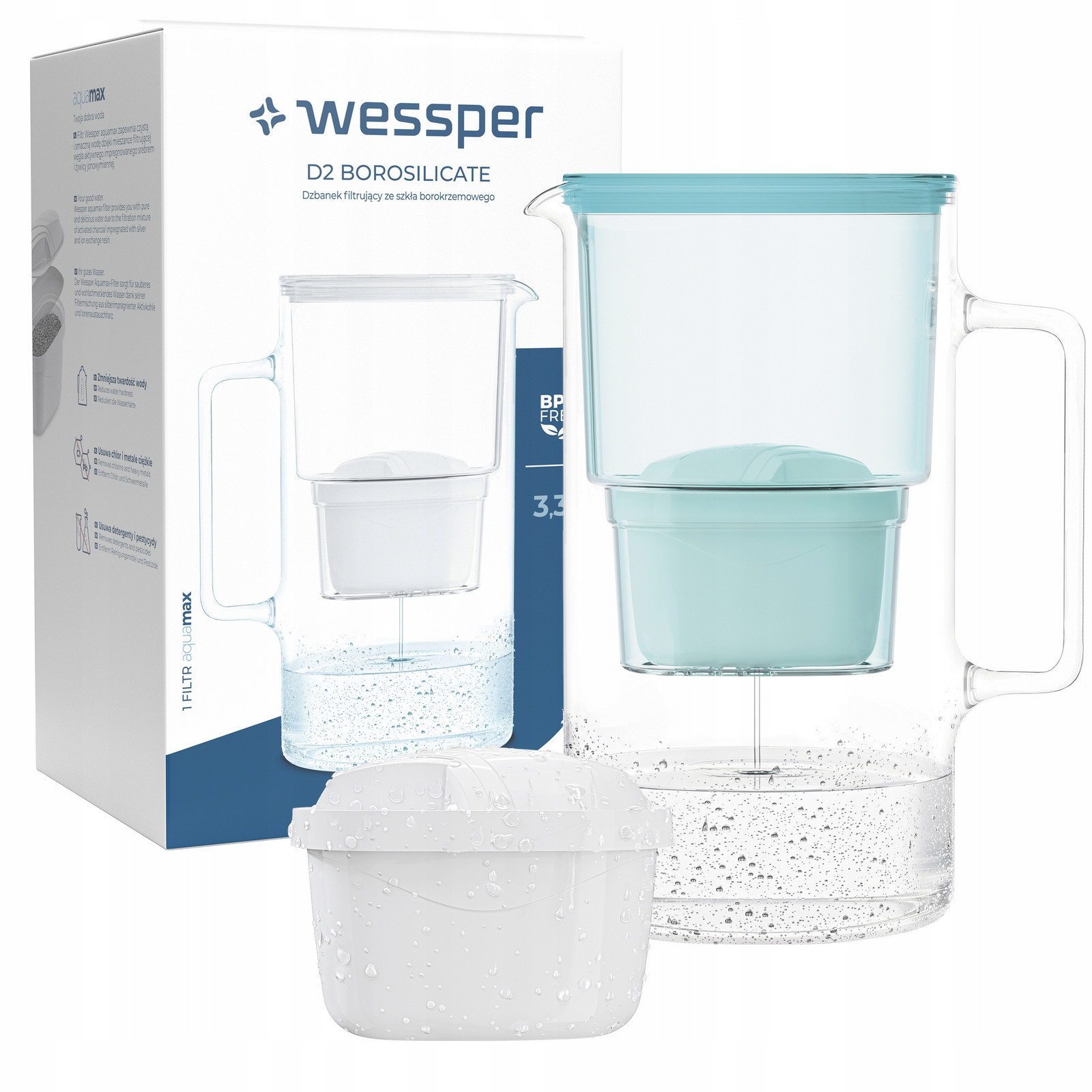 Skleněná Konvice Wessper D2 Borosilicate 3l 1x Filtrační Vložka Vody Aquafloow