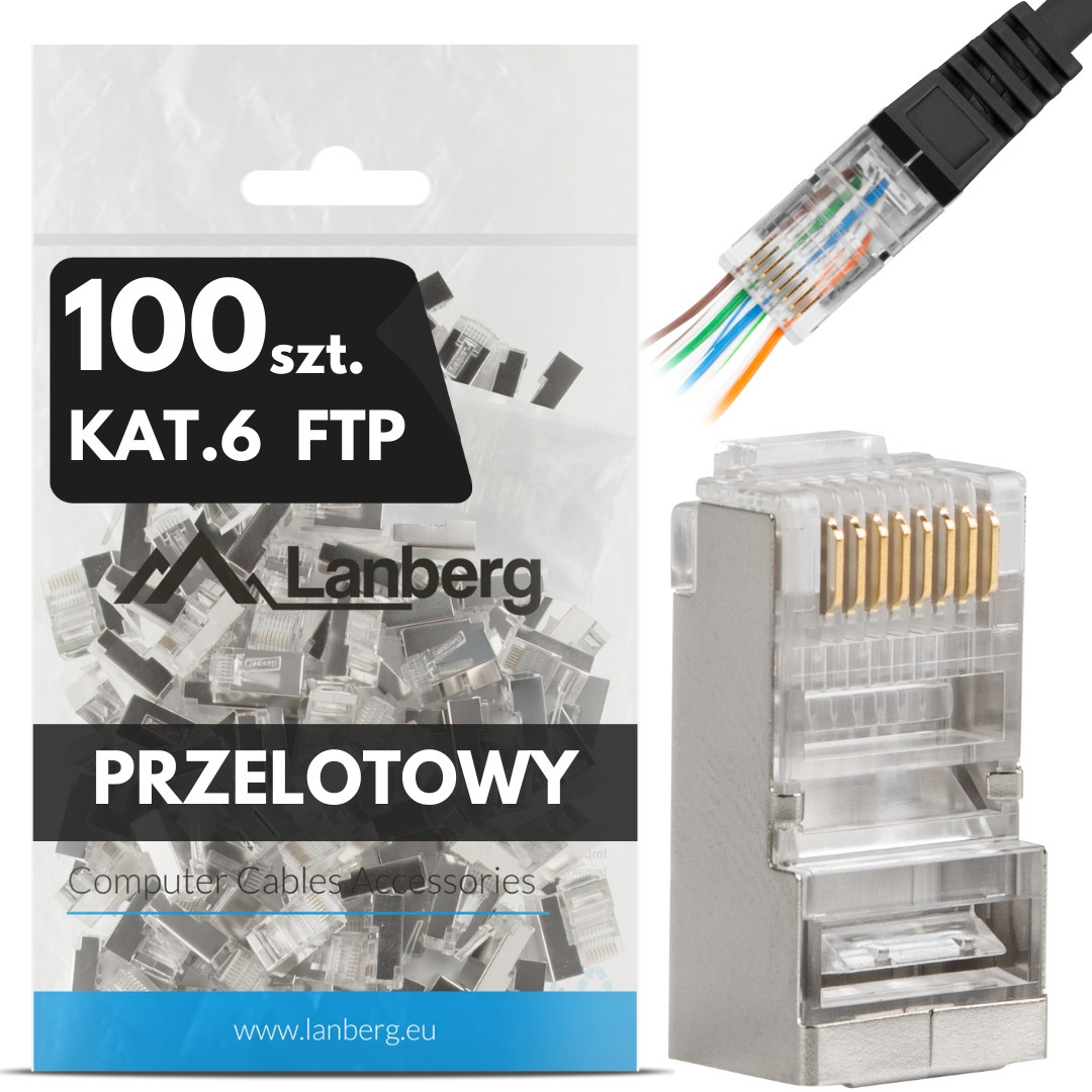 100X Zástrčka Zástrčky Koncovky Zástrčka RJ45 8P8C Ftp Cat KAT.6 Průchozí Lanberg