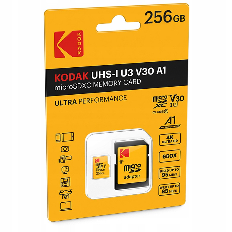 Kodak MicroSDXC karta Micro Sdxc MicroSD 256GB Uhs-i U3 V30 A1 Adaptér