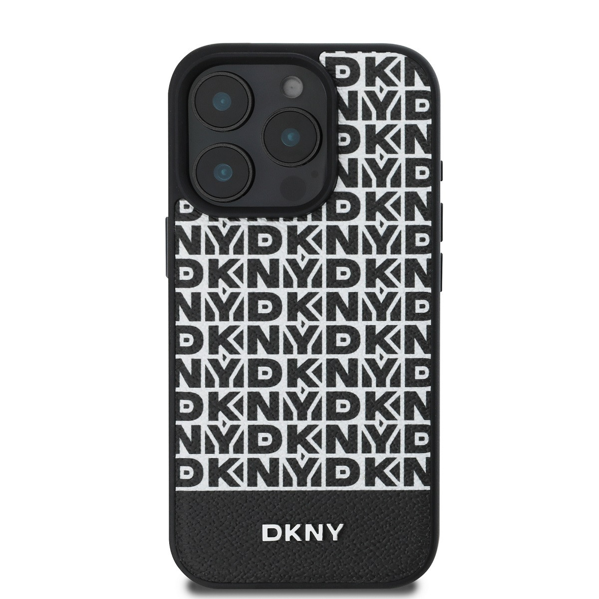 Zadní kryt DKNY PU Leather Repeat Pattern Bottom Stripe MagSafe pro Apple iPhone 16 Pro Max, černá