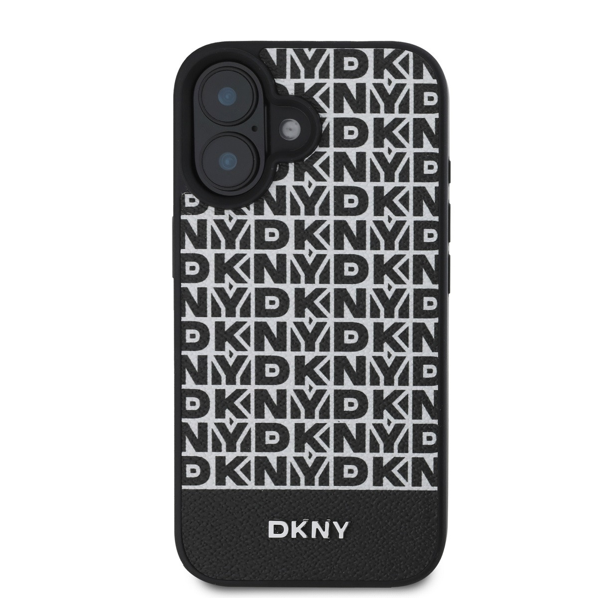 Zadní kryt DKNY PU Leather Repeat Pattern Bottom Stripe MagSafe pro Apple iPhone 16 Plus, černá