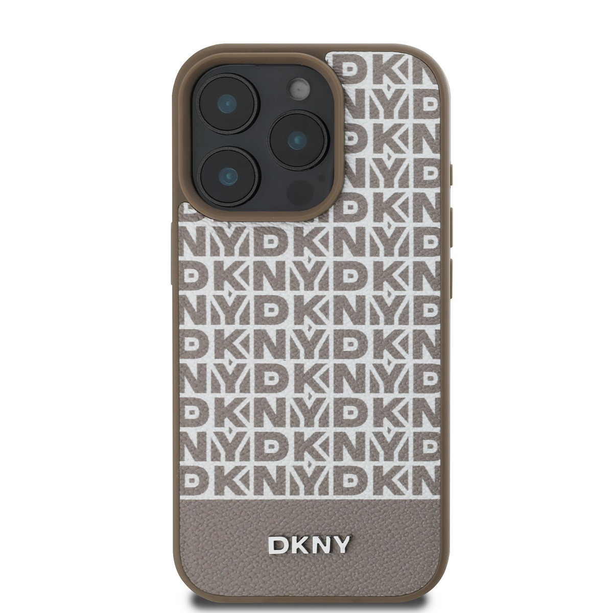 Zadní kryt DKNY PU Leather Repeat Pattern Bottom Stripe MagSafe pro Apple iPhone 16 Pro, hnědá