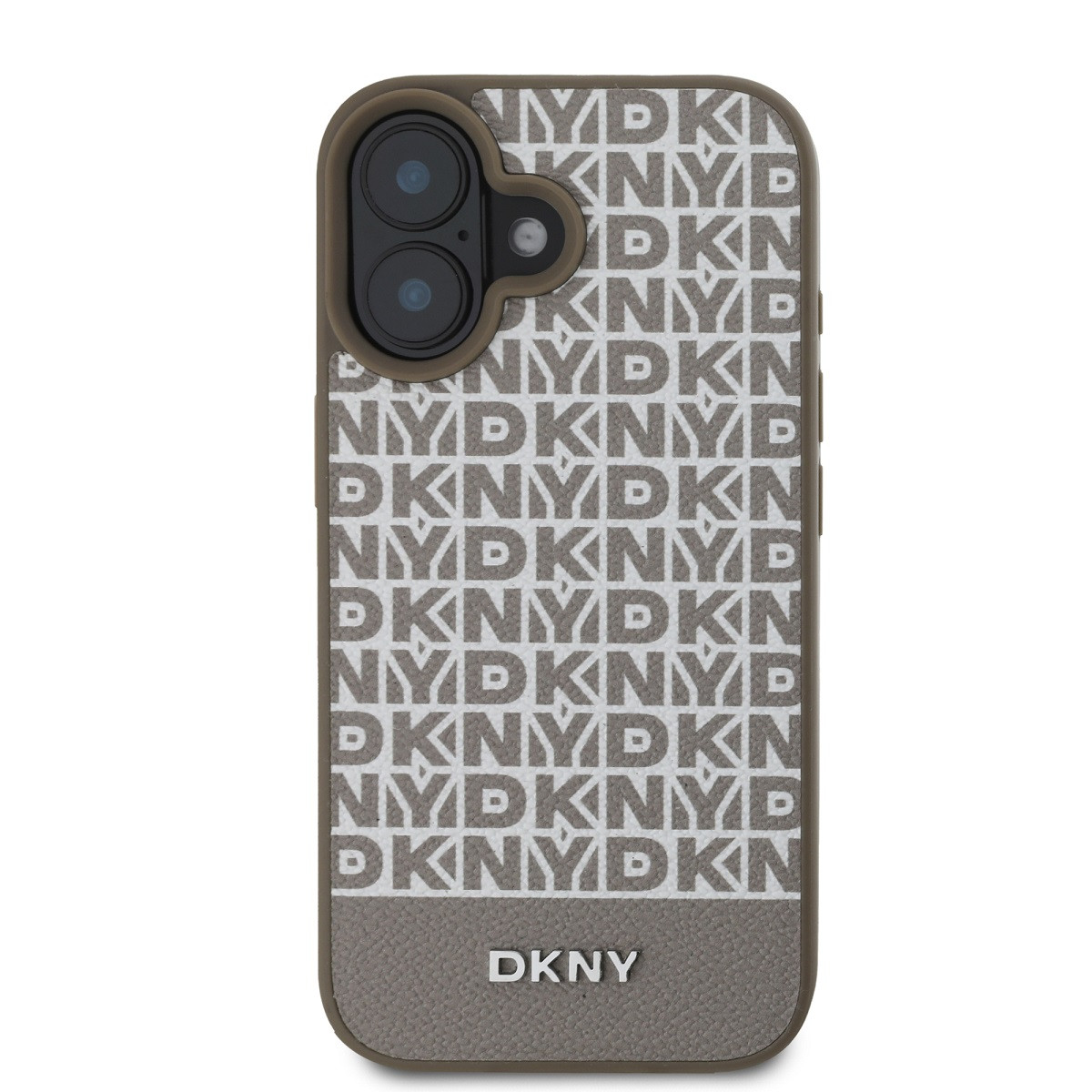 Zadní kryt DKNY PU Leather Repeat Pattern Bottom Stripe MagSafe pro Apple iPhone 16, hnědá