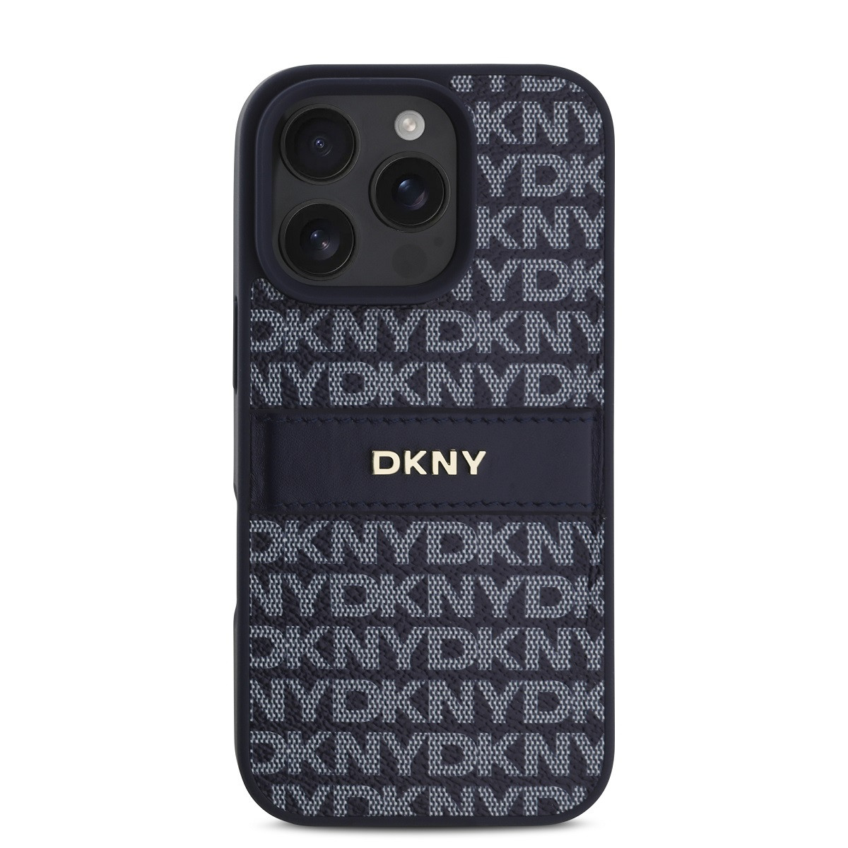 Zadní kryt DKNY PU Leather Repeat Pattern Tonal Stripe pro Apple iPhone 16 Pro, modrá