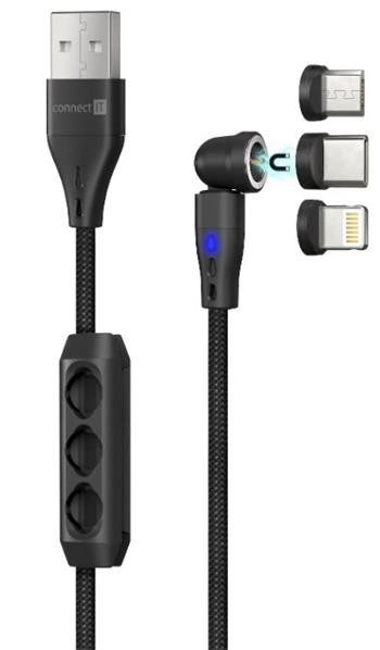 CONNECT IT Magnetic PowerLink 3in1 kabel (USB-C/Lightning/MicroUSB), 2m, ČERNÁ