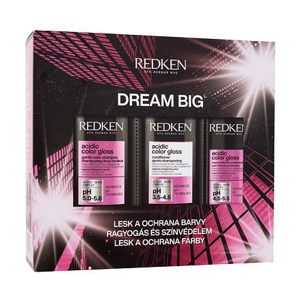 Redken Acidic Color Gloss Dream Big dámský dárková sada šampon Acidic Color Gloss 300 ml + kondicionér Acidic Color Gloss 300 ml + ochranný sprej na vlasy Acidic Color Gloss Heat Protection Treatment 190 ml pro ženy poškozená krabička