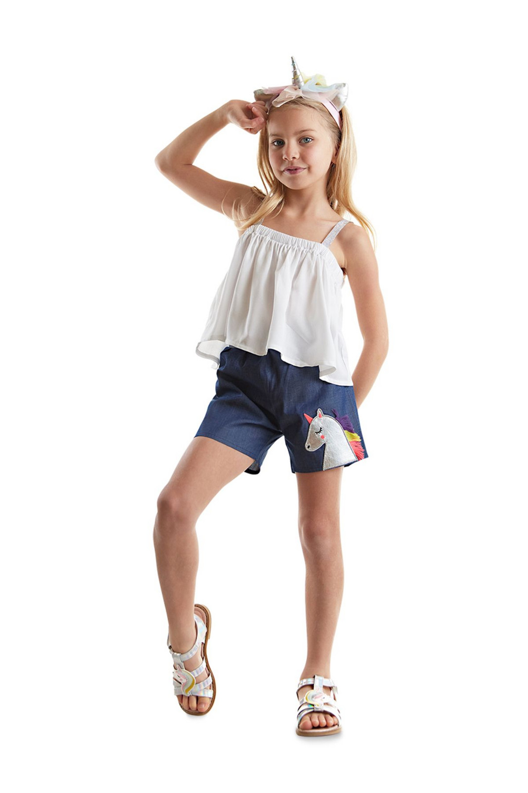 Denokids Colorful Tassel Unicorn Girl's Summer Blouse Denim Shorts Set