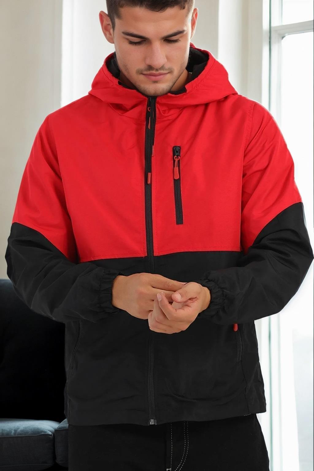 23691 Dewberry Two Color Hooded Mens Sports Coat-RED-BLACK