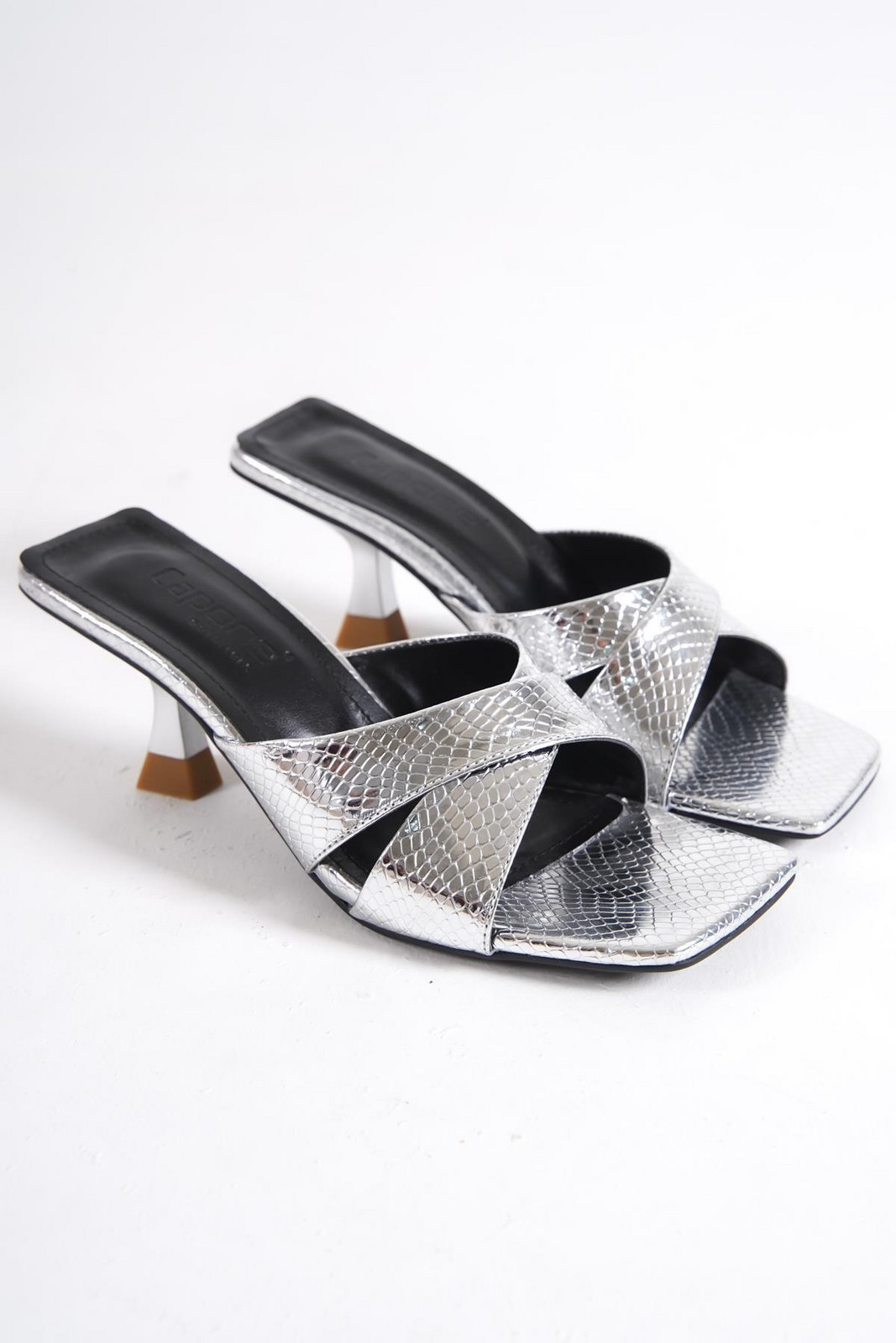 Capone Outfitters Capone Booty Toe Women's Snake Pattern Cross-Strap Mid Heel, Metallic Silver Women's Slippers.