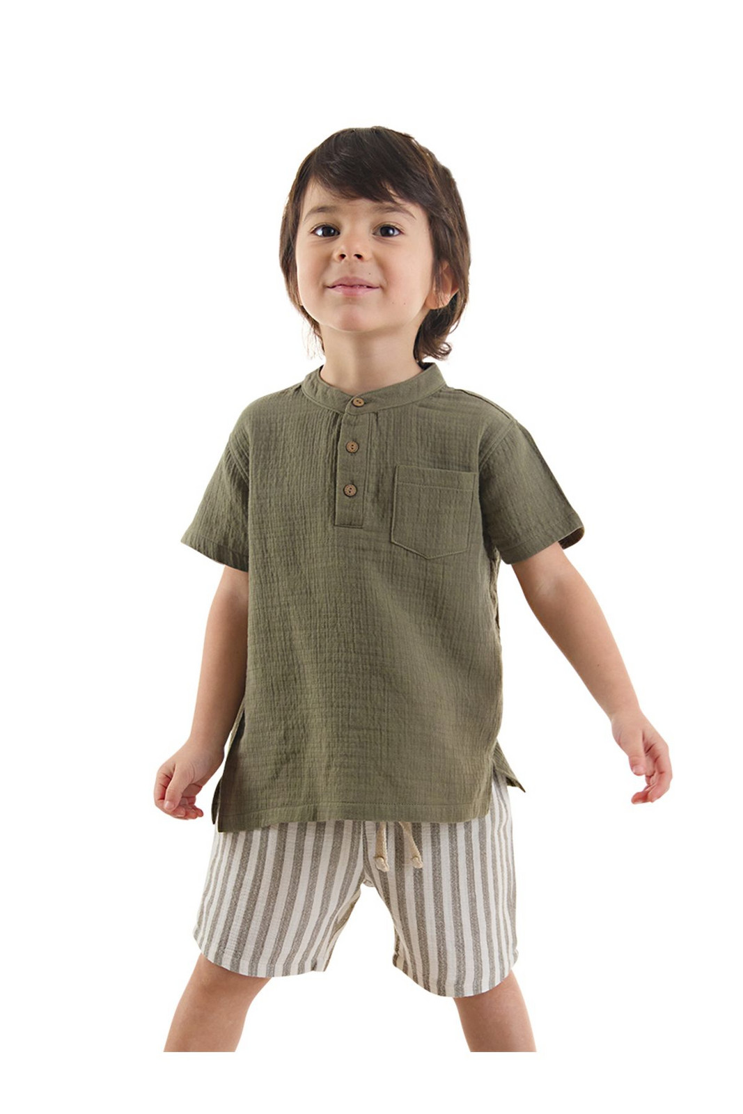 Denokids Baby Boy Kid Green Summer Muslin Striped Shorts Shirt Set