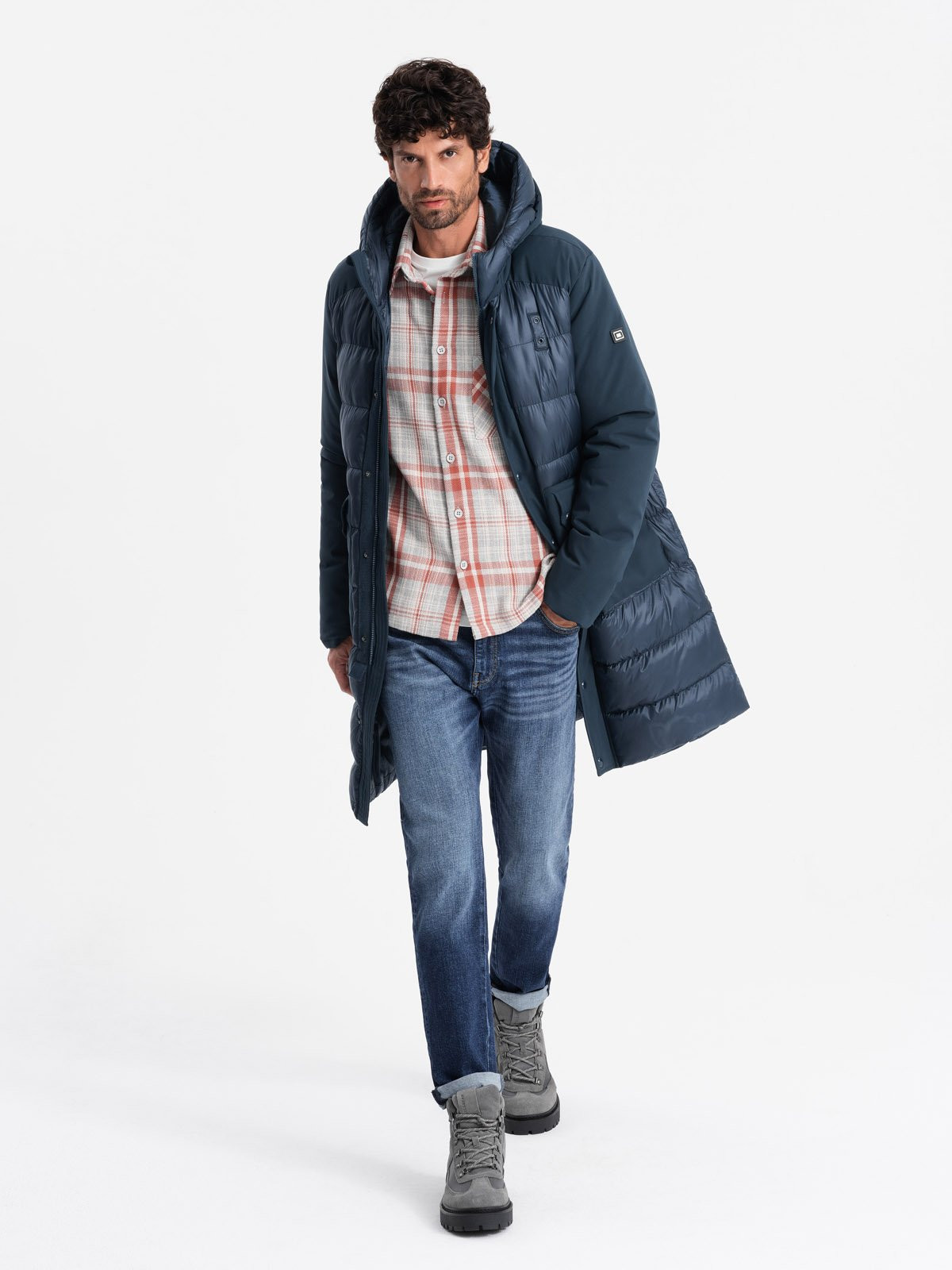 Ombre Men's quilted long jacket with large pockets - navy blue