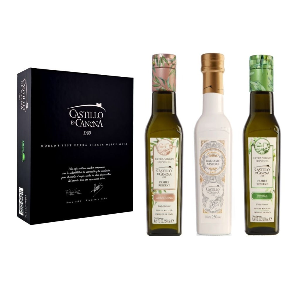 Dárková kazeta prémiových olivových olejů a vinného octa Castillo de Canena 3 x 250 ml