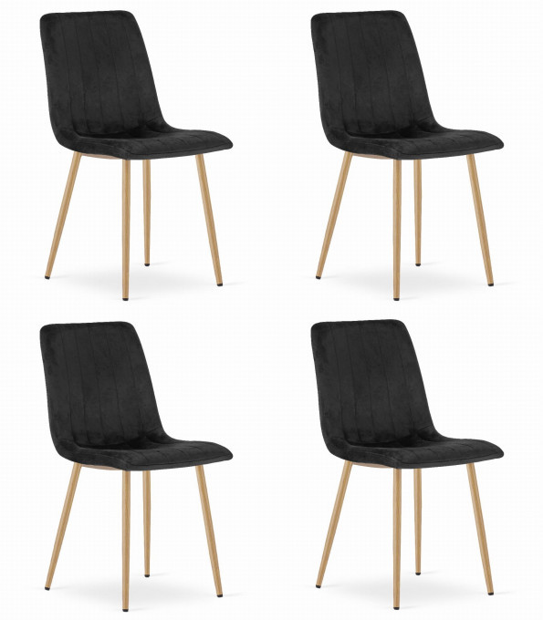 Set čtyř jídelních židlí LAVA sametové černé / dřevěné nohy (4 ks)