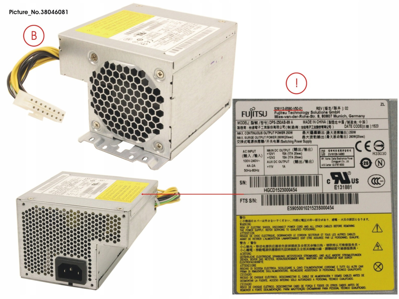 Originální Napájecí Adaptér Fujitsu 250W S26113-E590-V50, S26113-E590-V70