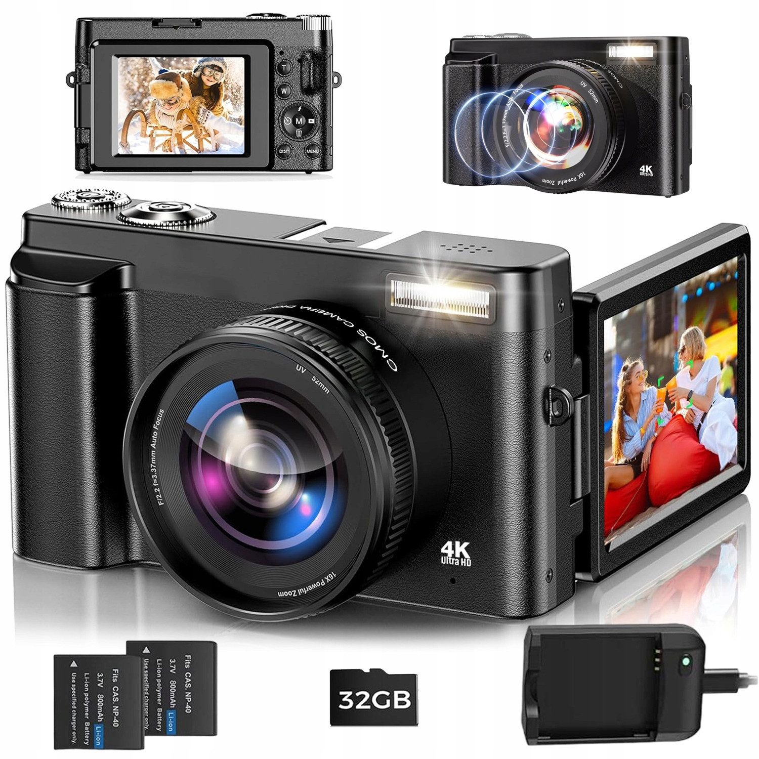 Digitální Fotoaparát Přenosný S Ultra Hd Selfie 4K 48MP 16X Zoom 32GB 3