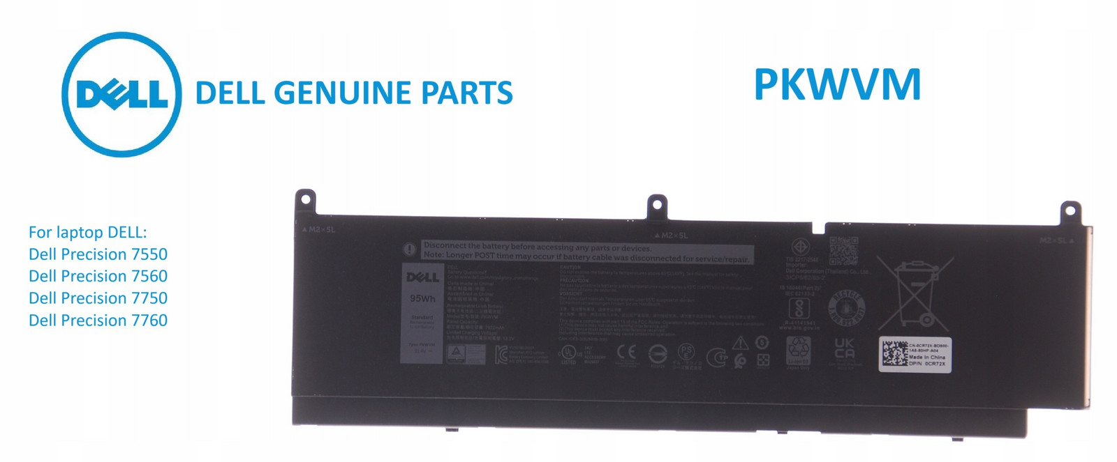 Dell Precision 7550 7560 7750 7760 Baterie Model Pkwvm