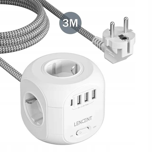 Kostka Lencent 3m Kabel Bílá 4 Ac zásuvky 3 Usb port 1 port typu C 8v1