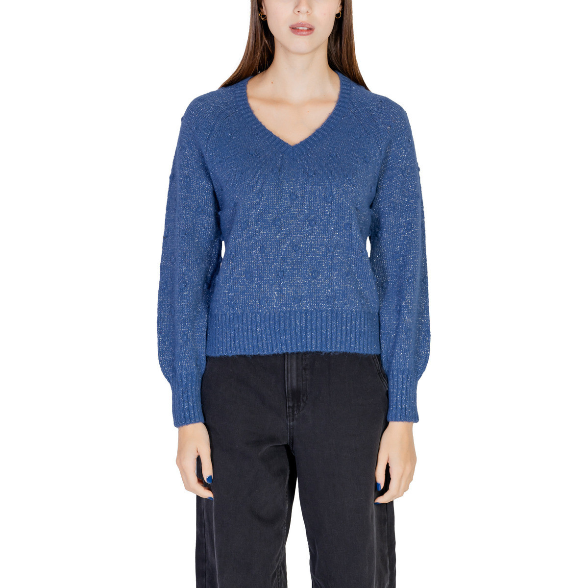 Vila  VITULI L/S V-NECK GLITER KNIT TOP/PB 14098057  Modrá