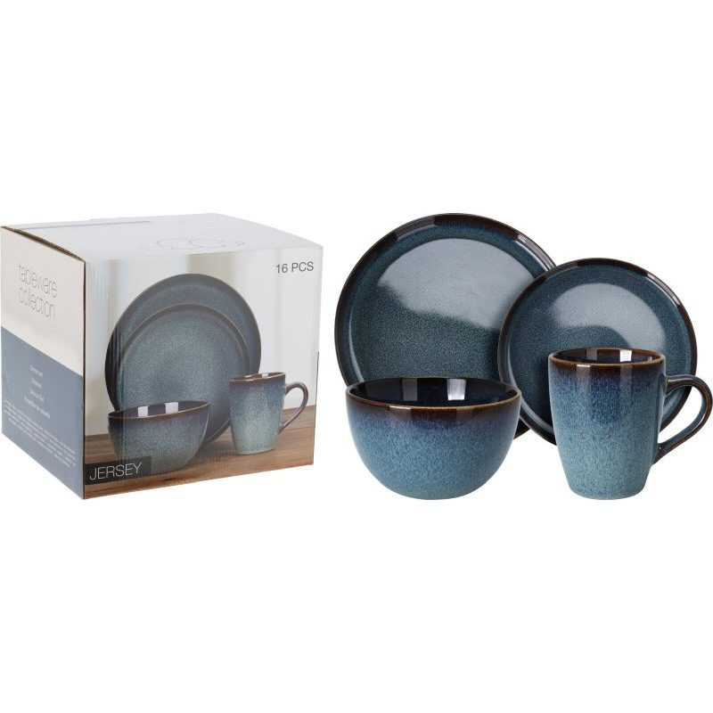 EXCELLENT Jídelní sada talířů JERSEY kamenina 16 ks  modrá KO-Q97001190