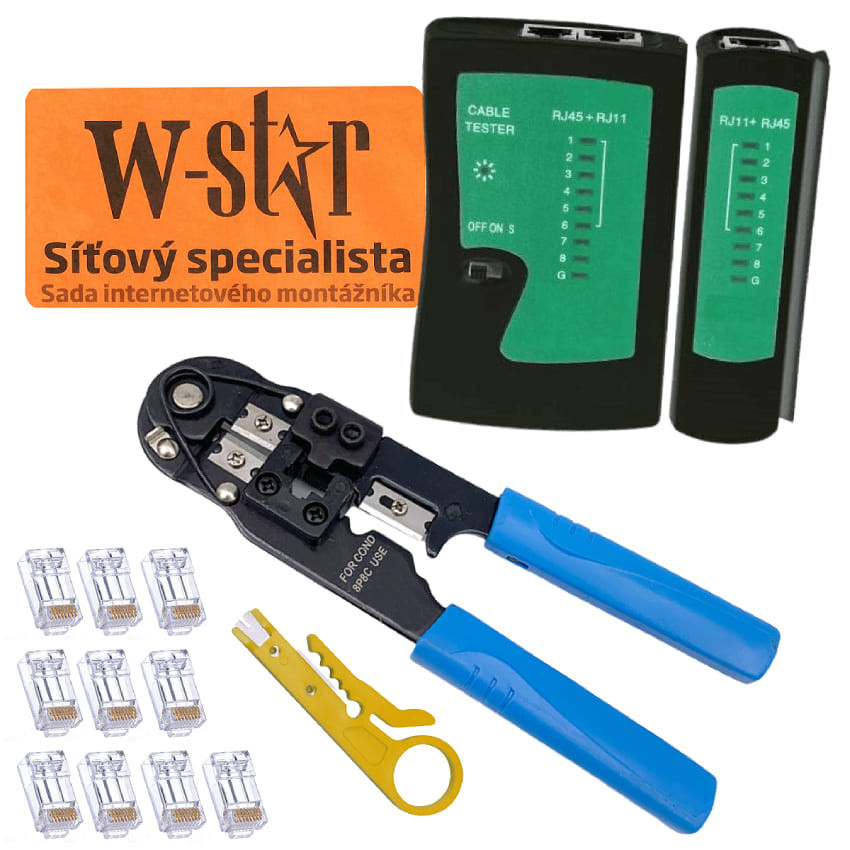 W-Star Sada nářadí pro sítaře WS140 tester RJ45, kleště RJ45, stripovač, 10x RJ45