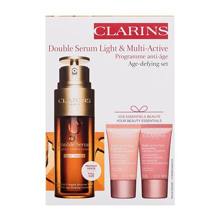 Clarins Double Serum Light & Multi-Active Age-defying Set : pleťové sérum Double Serum Light Texture 50 ml + denní pleťový krém Multi-Active Day Cream 15 ml + noční pleťový krém Multi-Active Night Cream 15 ml + oční sérum Double Serum Eye 0