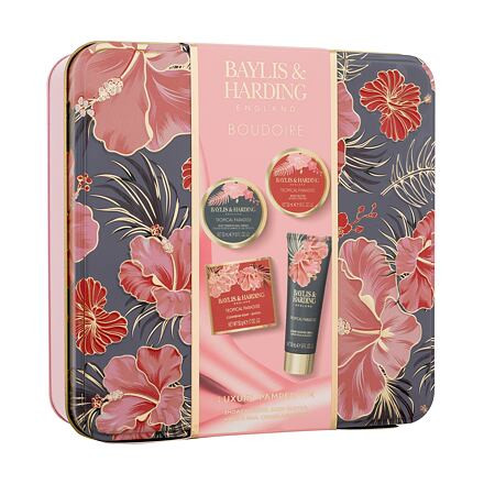 Baylis & Harding Boudoire Tropical Paradise Luxury Pamper Tin : tělové máslo 50 ml + sprchový krém 50 ml + mýdlo 50 g + krém na ruce a nehty 50 ml + plechová dóza pro ženy