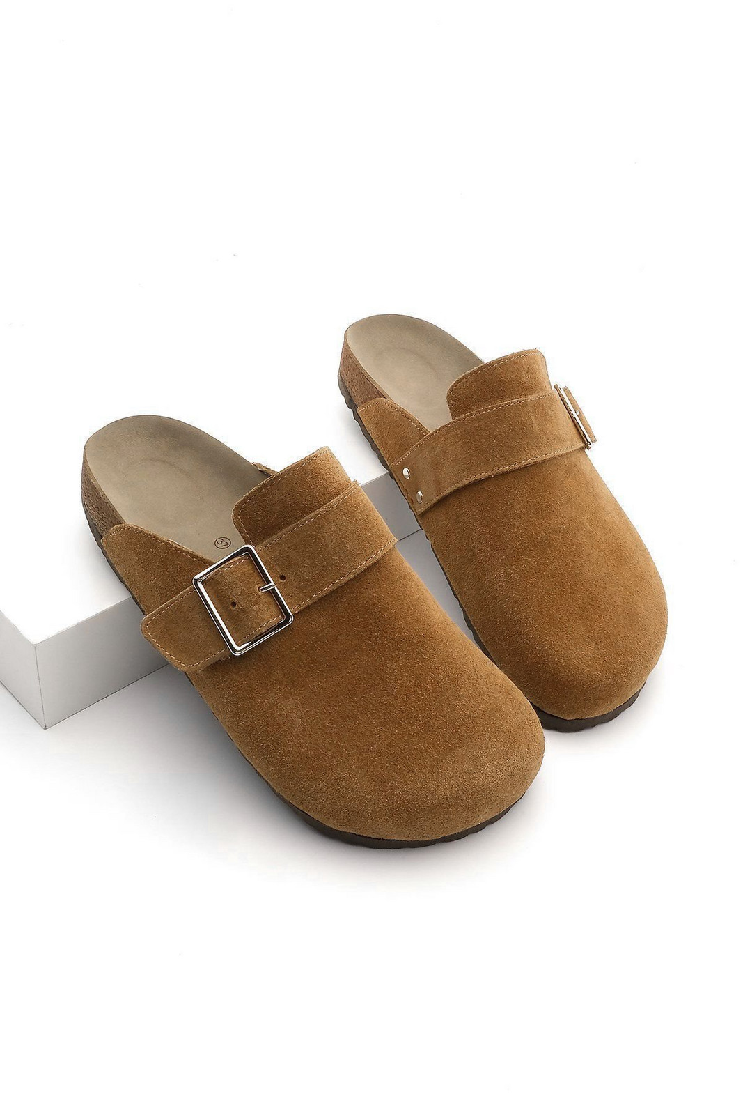 Marjin Women's Genuine Leather Eva Sole Closed Front Buckle Daily Slippers Sumpa Tan Suede