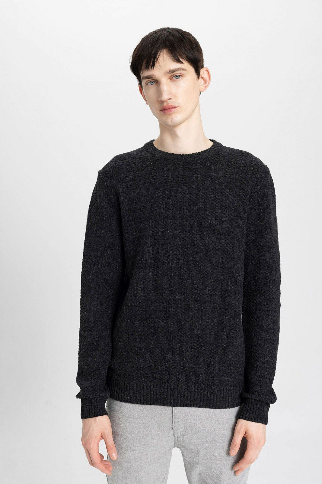 DEFACTO Men's Anthracite Standard Fit Regular Cut Crew Neck Textured Basic Knitwear Sweater